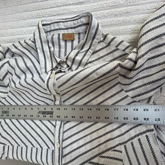 Tulip Womens Long-Sleeve Asymmetrical Button-Up Shirt Large White Black Striped - Picture 7 of 9